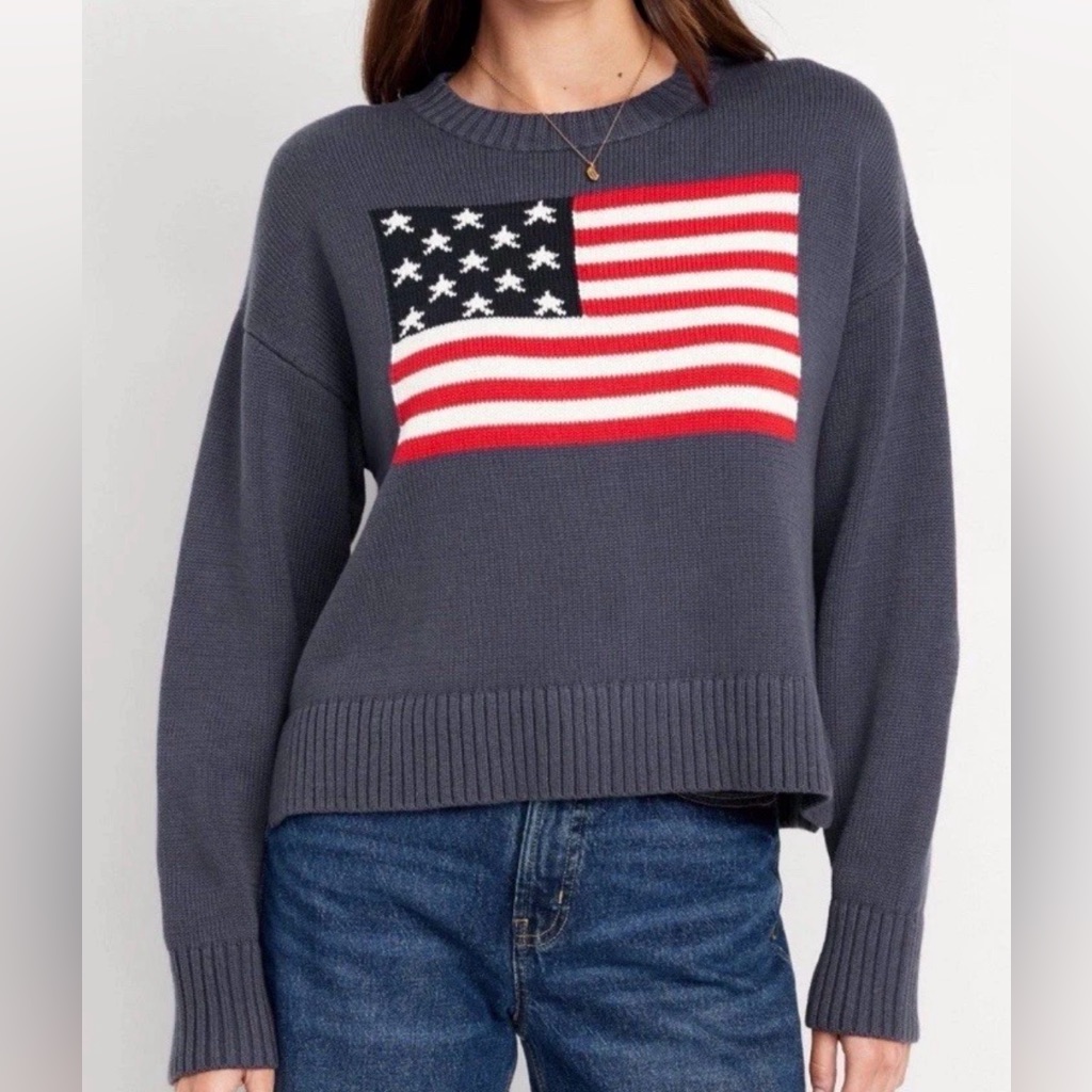 Old Navy Knit Usa Flag Volcanic Blue Crop Oversize Cotton Sweater Size M
